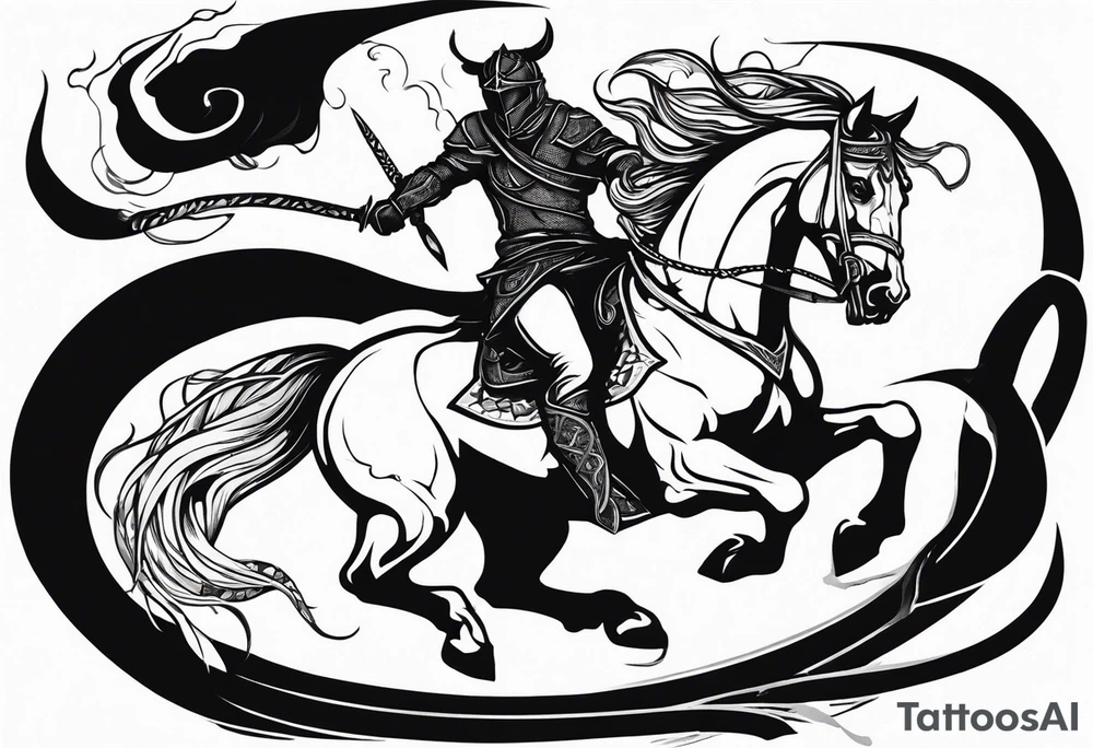 A demon rider on a raging horse with a sword and a snake tattoo idea