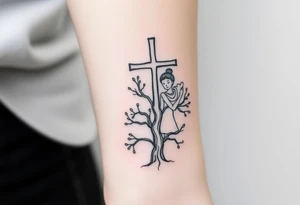 Father, mother, son, daughter standing with weathered cross like a tree intertwined tattoo idea