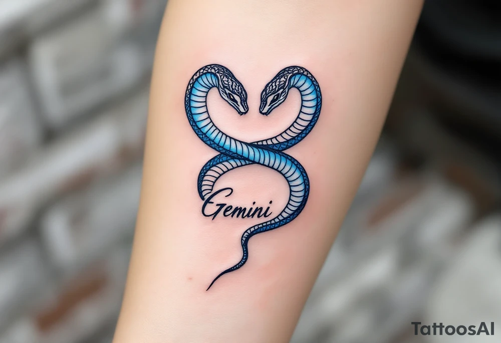 A minimalist twin snake design, one outlined in black and the other in electric blue, intertwined in a spiral and With word "Gemini" tattoo idea