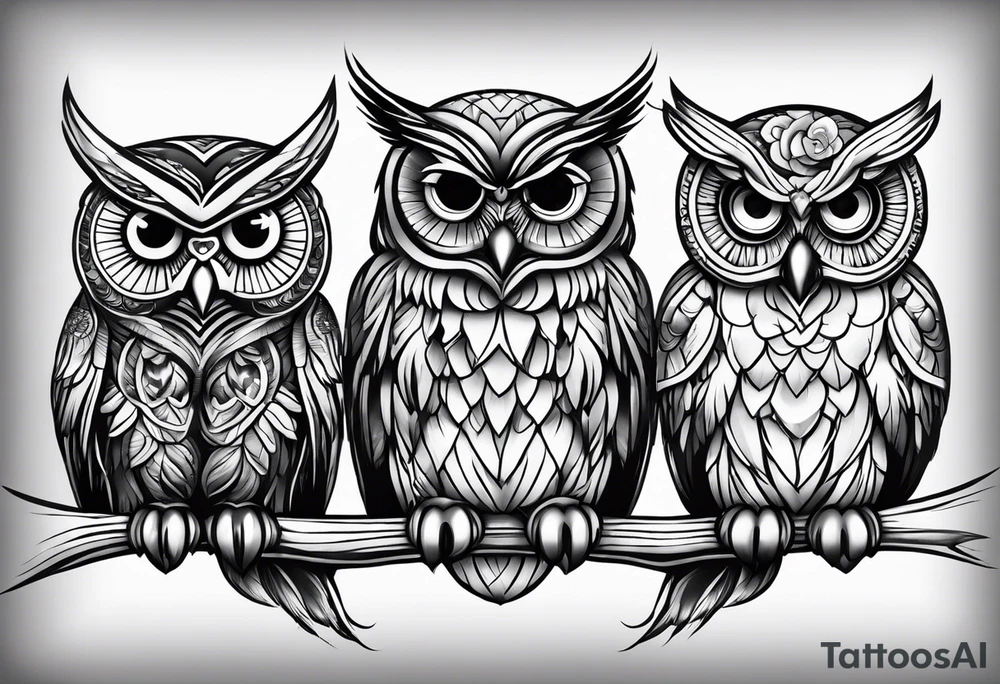 Owls 
Hear no evil, see no evil, speak no evil tattoo idea