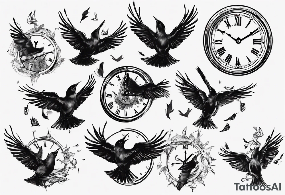 clock breaks like a mirror and small pieces turn into birds tattoo idea