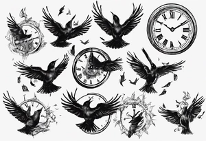 clock breaks like a mirror and small pieces turn into birds tattoo idea