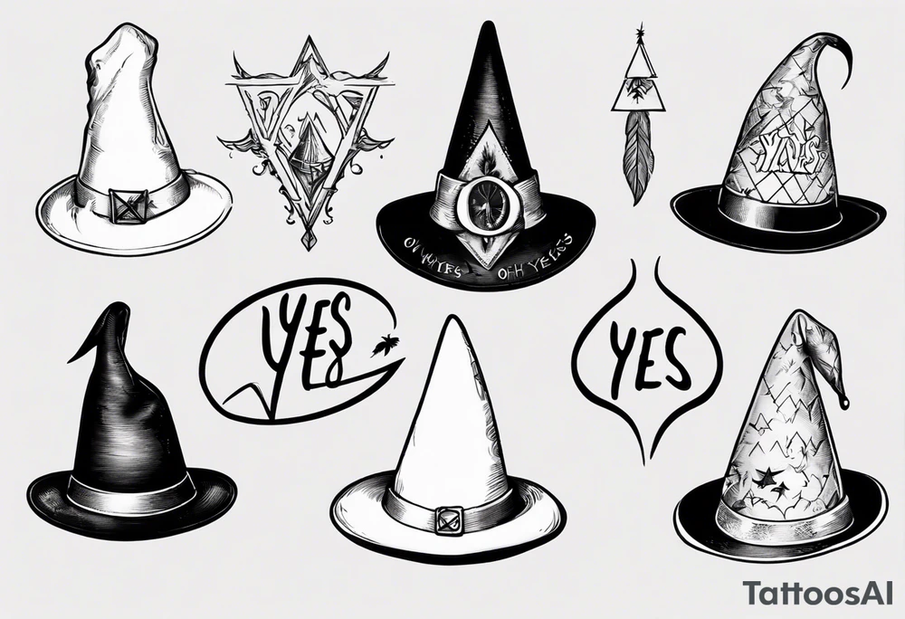 White witch hat with "oh yes" written tattoo idea
