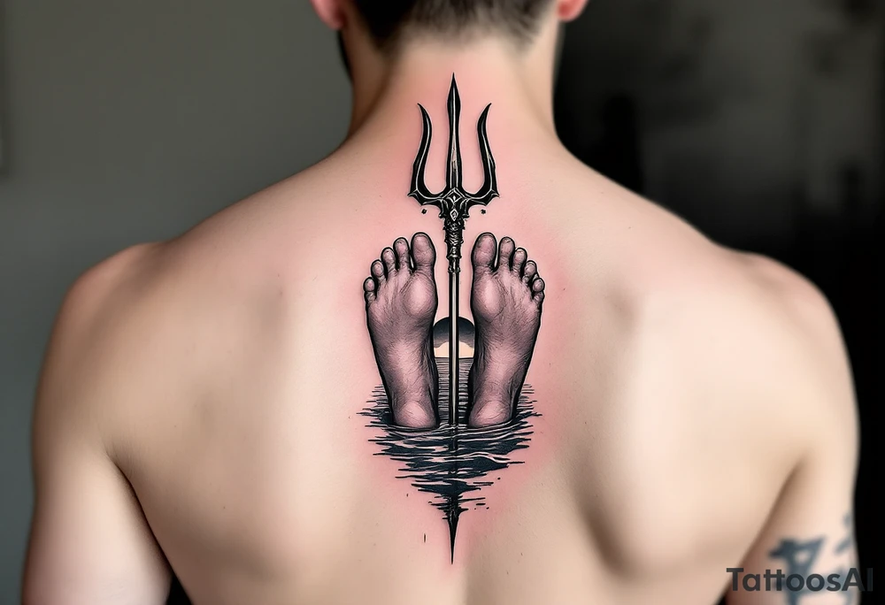 barefeet behind trident with water and sunset tattoo idea