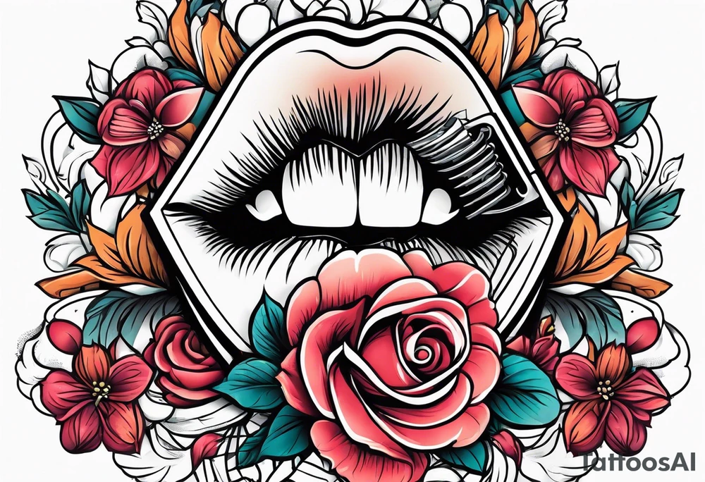 vintage lips near microphone traditional flowers no cut off tattoo idea