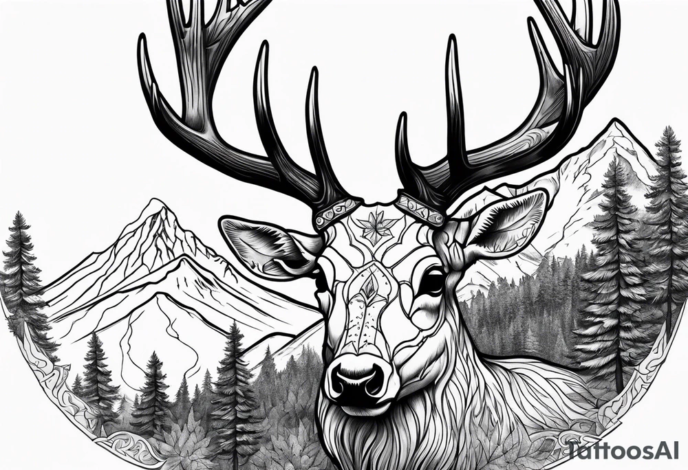 deer skull with mountains and trees tattoo idea