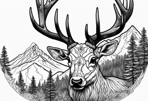 deer skull with mountains and trees tattoo idea