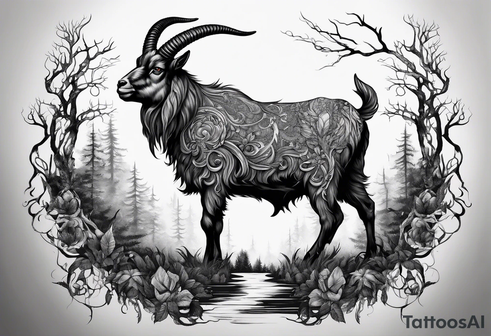 Satanic goat with horns (full body) in a forest tattoo idea