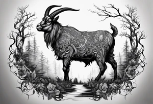 Satanic goat with horns  (full body) in a forest tattoo idea