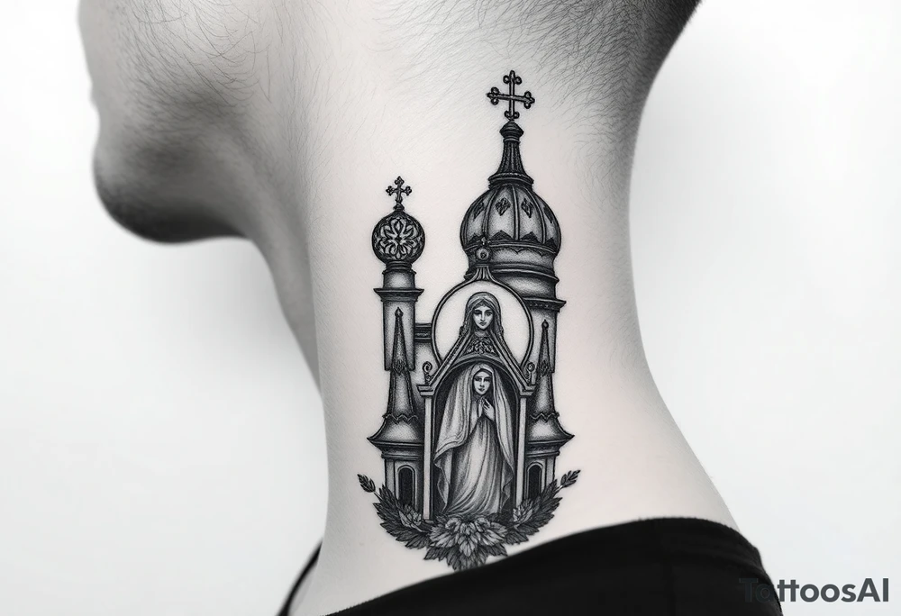 medium traditional russian orthodox church with russian coat arms and virgin mary on the side of your neck tattoo idea