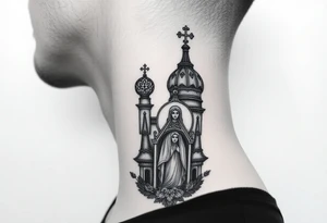 medium traditional russian orthodox church with russian coat arms and virgin mary on the side of your neck tattoo idea