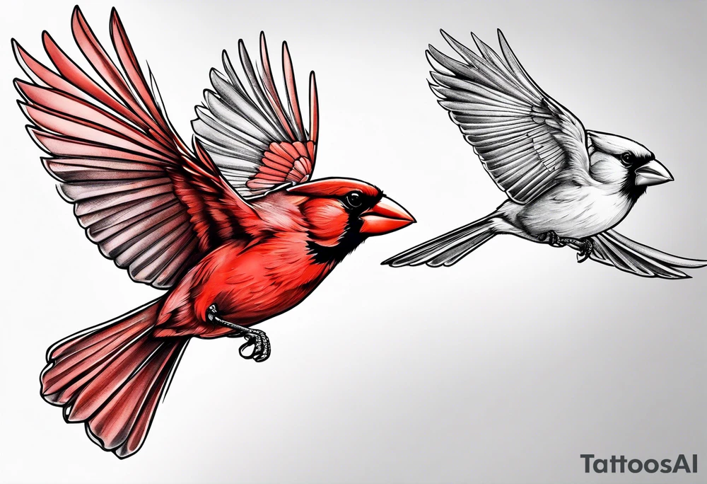 Male and female cardinal flying together tattoo idea