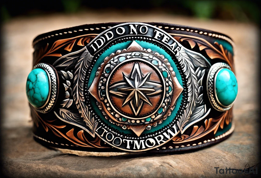 Leather Tooled Cuff Western with turquoise Jewls a stock tag with G/L on it and the words "I do not and will not fear tomorrow because I feel as though today has been enough. tattoo idea