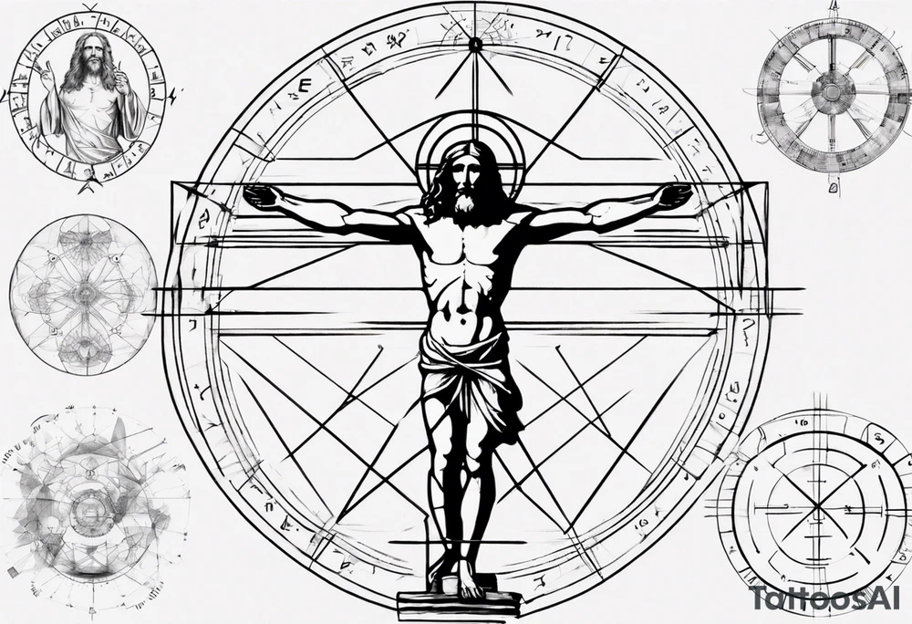 Leonardo da Vinci, Vitruvian man  and Jesus combined with emphasis on math and physics tattoo idea