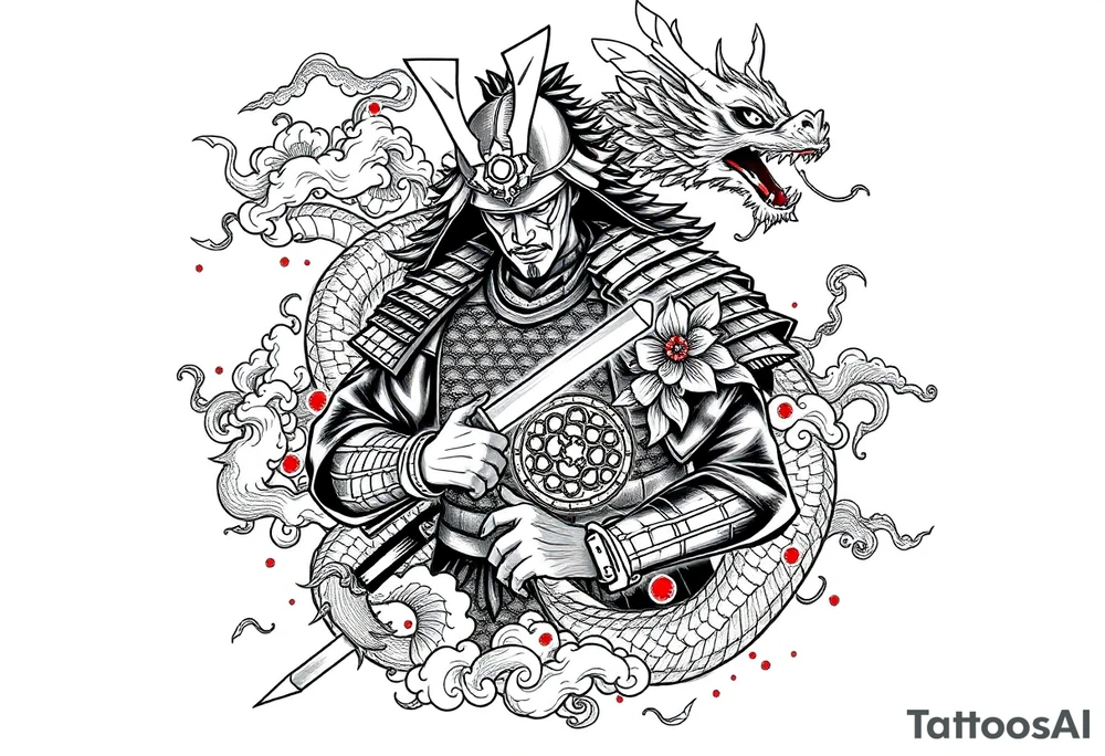 Samurai warrior with traditional armor entangled with a Japanese dragon, mythological elements, flowing composition, black ink tattoo style with red accents, swirling clouds, ornamental Japanese patterns, sketch-style linework, vertical tattoo layout for forearm or sleeve build-out tattoo idea
