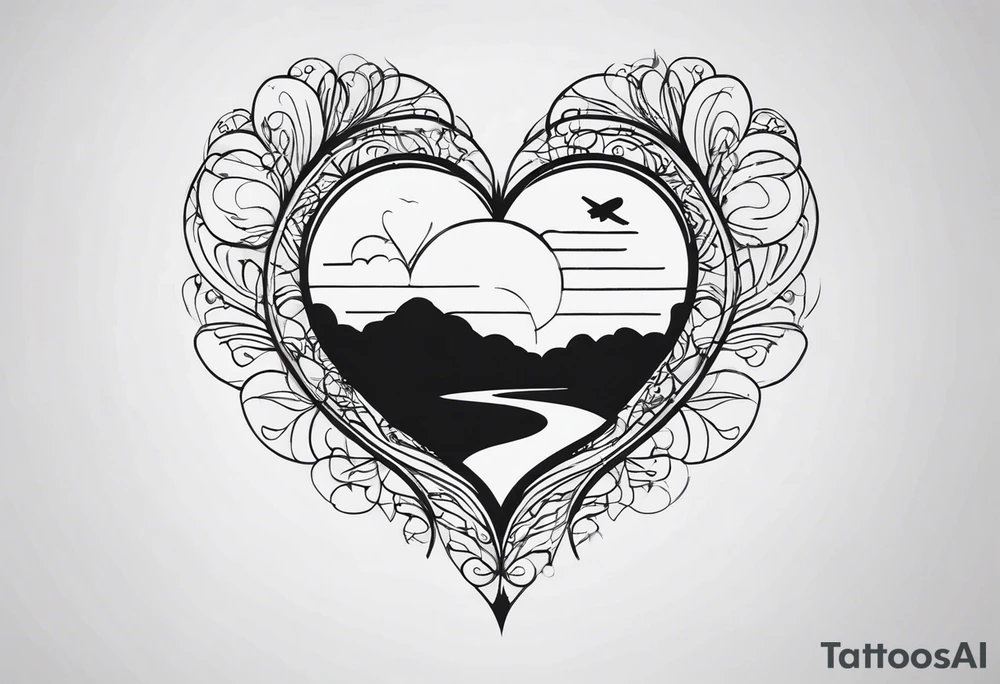 a heart shape with this inside the heart: brain, plane or wanderlust, family, and roots tattoo idea