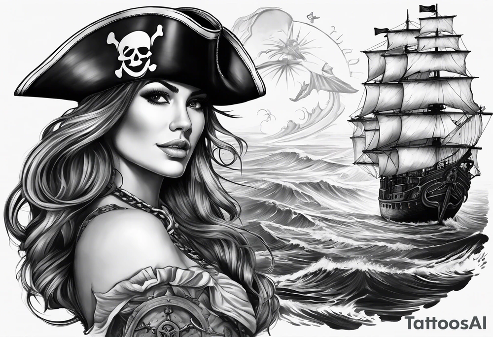 I have already a sleeve tattoo that the theme is about sea in my shoulder I have one pirate woman and I want you to create a tattoo on the chest that us connected with the woman key words is pirates ,sea ,captain tattoo idea