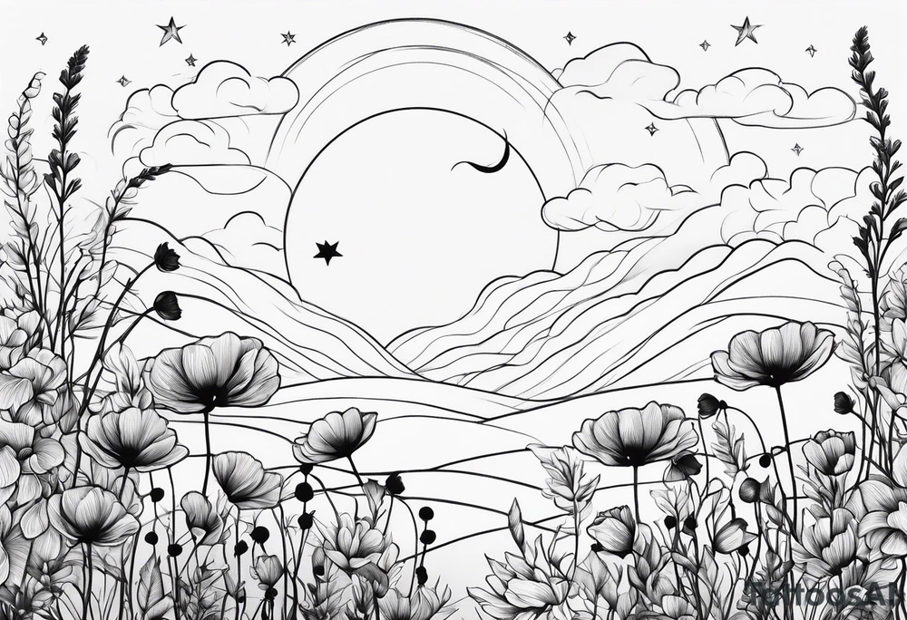 spine tattoo, poppy, stars, moon, cloud tattoo idea