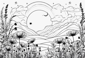 spine tattoo, poppy, stars, moon, cloud tattoo idea