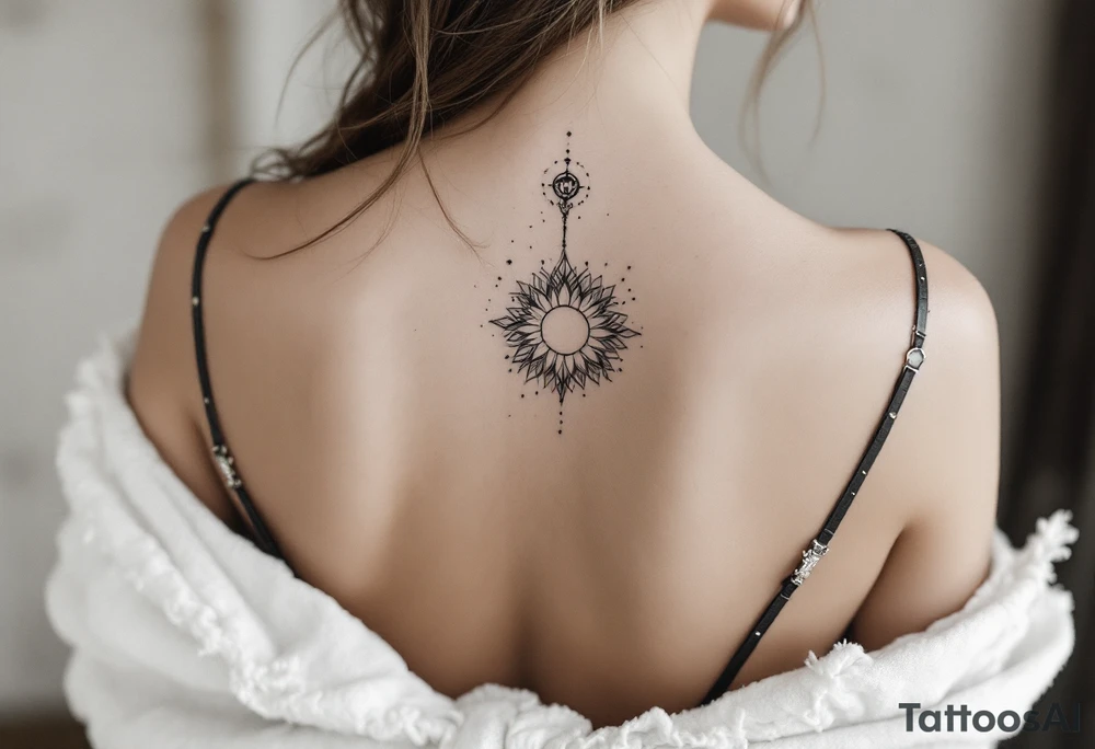 Minimalist style tattoo with oranental design with symbolism and dot work , full back tattoo idea