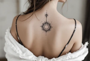 Minimalist style tattoo with oranental design with symbolism and dot work , full back tattoo idea