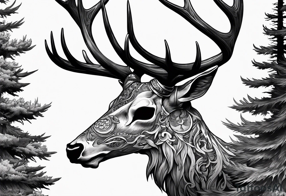 A side view of decayed deer skull surrounded by trees and fire tattoo idea