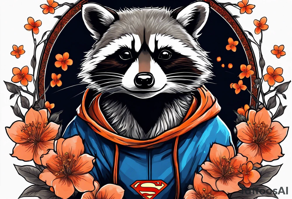 raccoon wearing a Superman hoodie with orange Japanese cherry blossoms tattoo idea