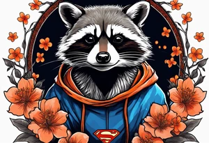 raccoon wearing a Superman hoodie with orange Japanese cherry blossoms tattoo idea