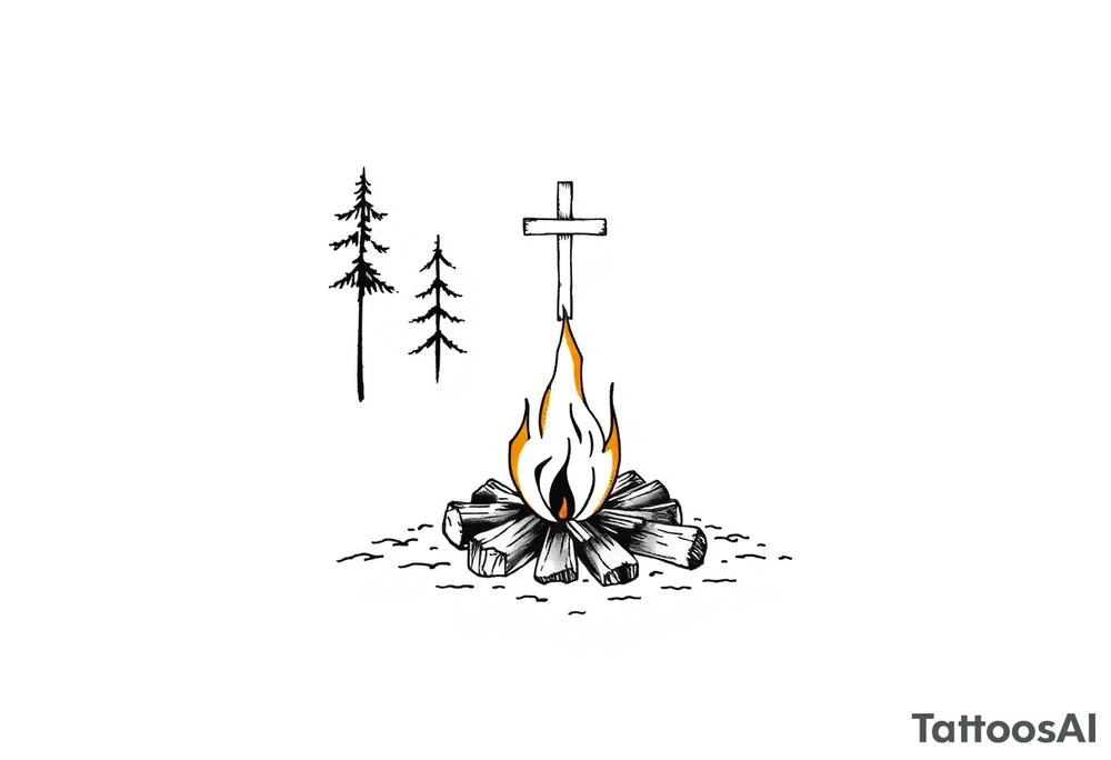 Campsite with a campfire with a cross tattoo idea