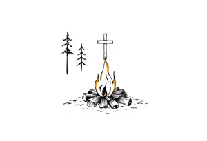 Campsite with a campfire with a cross tattoo idea