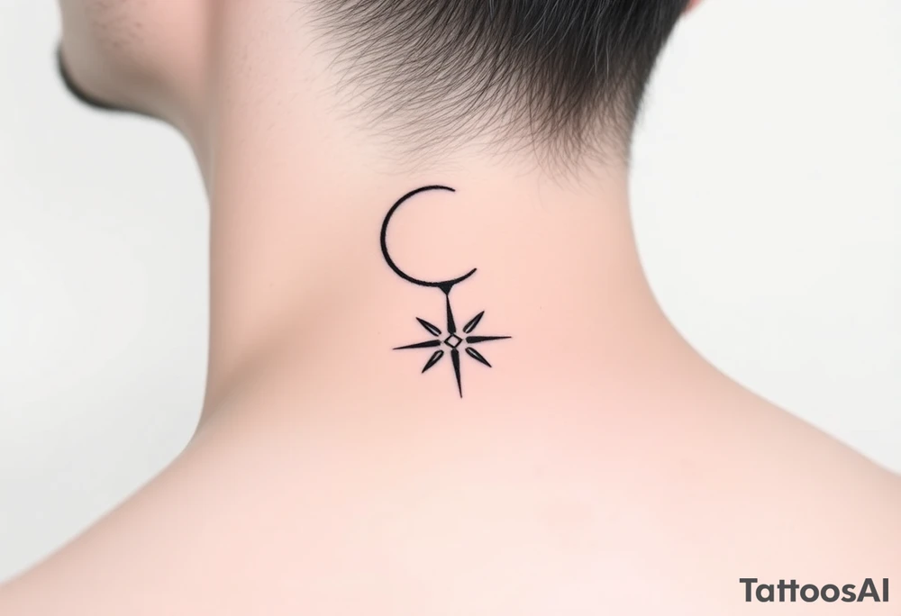 A minimalist crescent moon neck tattoo positioned just behind the ear. The crescent moon is thin and curves to the left. A sharp vertical line extends downward from the inner curve of the moon, intersecting with a symmetrical starburst shape at the center of the line. The starburst has four points — the top and bottom points are elongated, while the horizontal points are shorter, giving it a sleek and modern look. The design features clean, thin lines with a slightly hand-drawn feel, combining celestial and geometric elements. The tattoo follows the natural curve of the neck, giving it an elegant and balanced appearance. tattoo idea