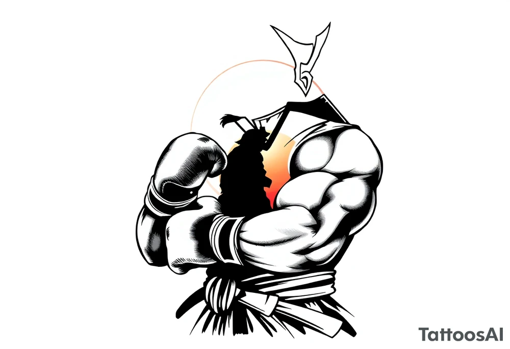 noble samurai warrior silhouette at sunset with boxing gloves tattoo idea