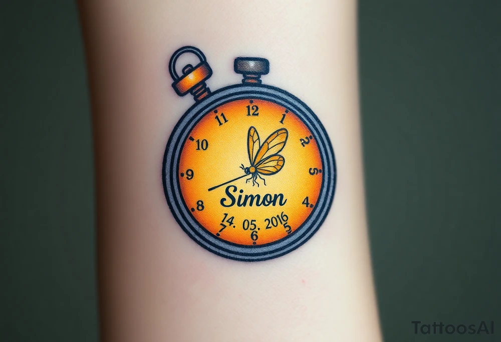 A glowing firefly trapped inside a small clock with baby´s name "Simon" and date "14. 05. 02016", symbolizing the magic of childhood, in warm yellow and soft amber. tattoo idea