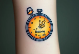 A glowing firefly trapped inside a small clock with baby´s name "Simon" and date "14. 05. 02016", symbolizing the magic of childhood, in warm yellow and soft amber. tattoo idea