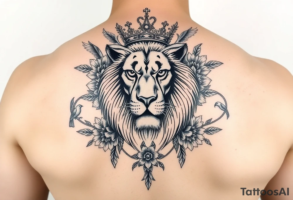 powerful majestic lion with a crown, surrounded by floral ornaments and birds tattoo idea