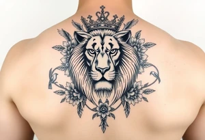 powerful majestic lion with a crown, surrounded by floral ornaments and birds tattoo idea