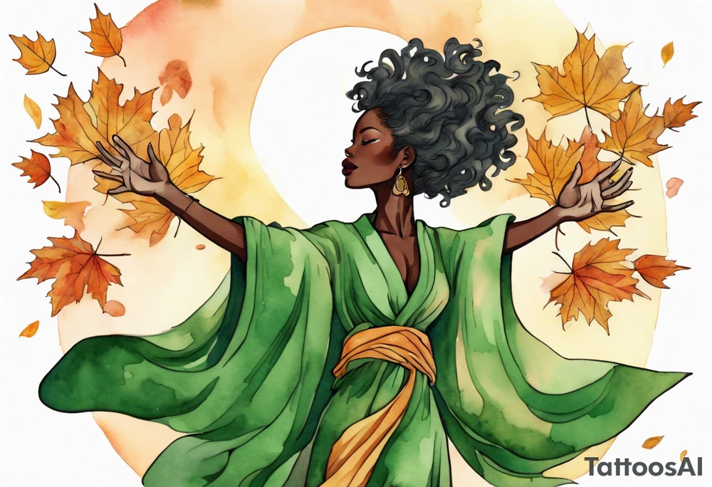 a tree that sprouts into a beautiful black woman wearing a green robe, arms reaching up towards the sun blazing in the sky, autumn leaves in her hair tattoo idea