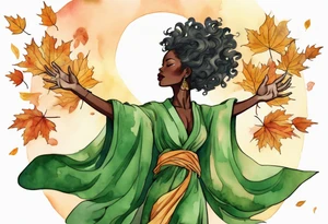 a tree that sprouts into a beautiful black woman wearing a green robe, arms reaching up towards the sun blazing in the sky, autumn leaves in her hair tattoo idea