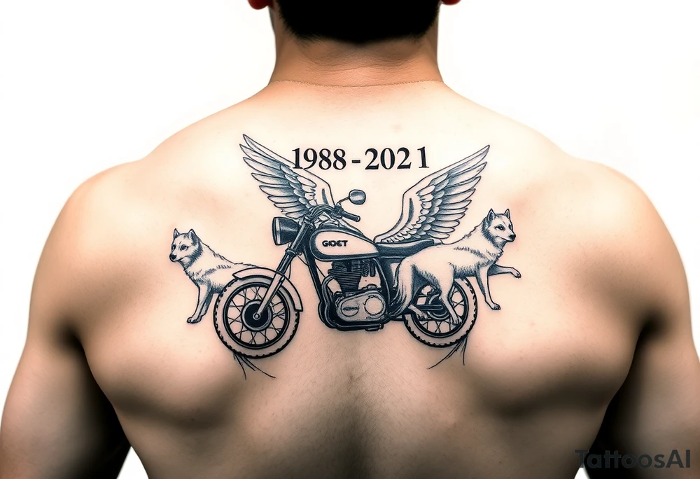 the year 1958 - 2021 with a motorcycle on it with guardian angel wolves tattoo idea