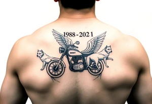 the year 1958 - 2021 with a motorcycle on it with guardian angel wolves tattoo idea