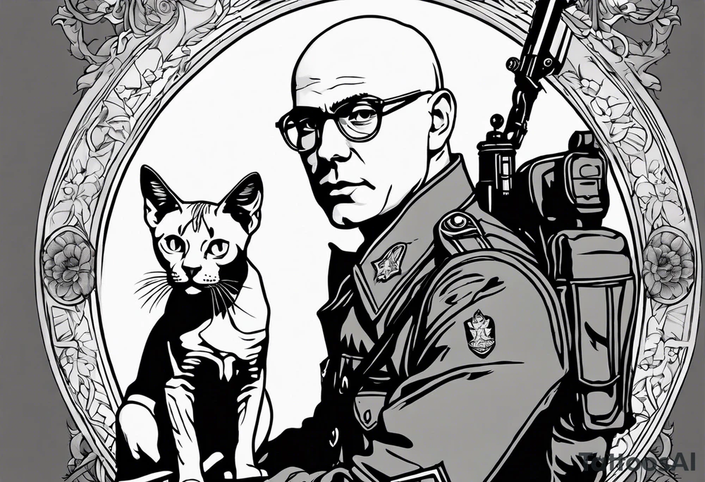 sven is a skinny bald german doctor in soldiers uniform with sphynx cats around him tattoo idea