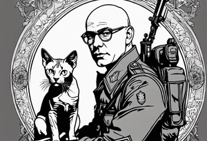 sven is a skinny bald german doctor in soldiers uniform with sphynx cats around him tattoo idea