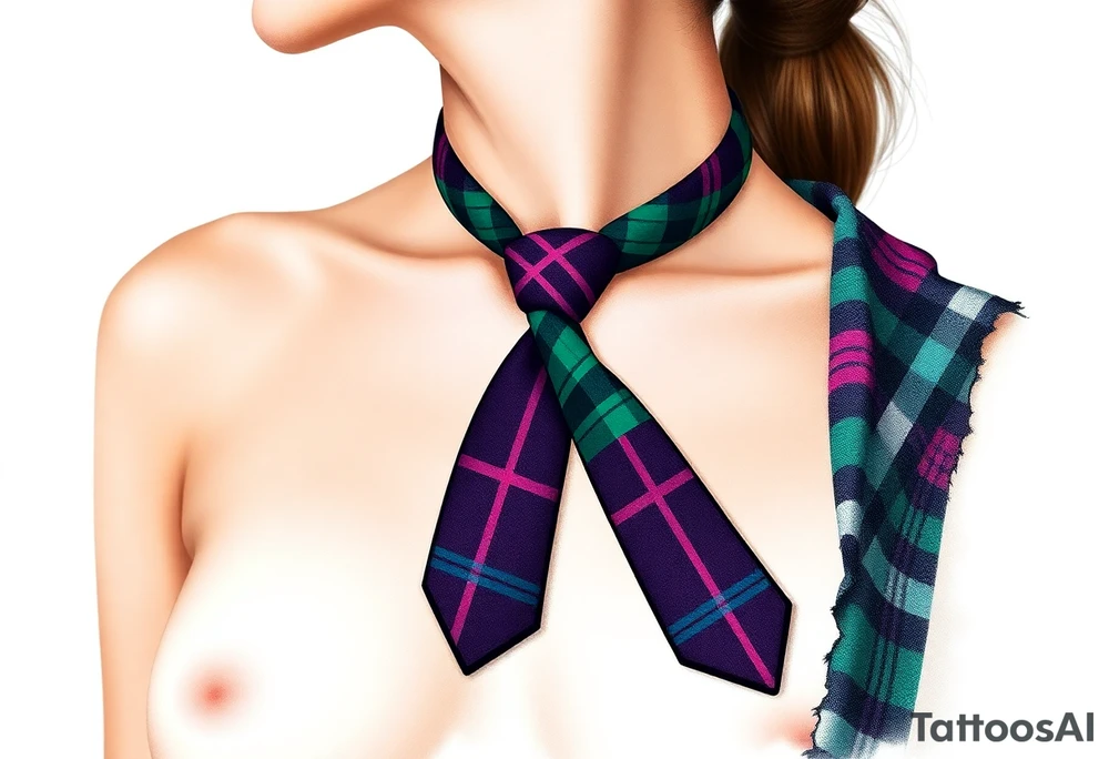 Lower chest

Tie Dark Purple with green pink blue and white highlights tartan fabric with skin around edges peeling and wrapping around side of shoulder tattoo idea