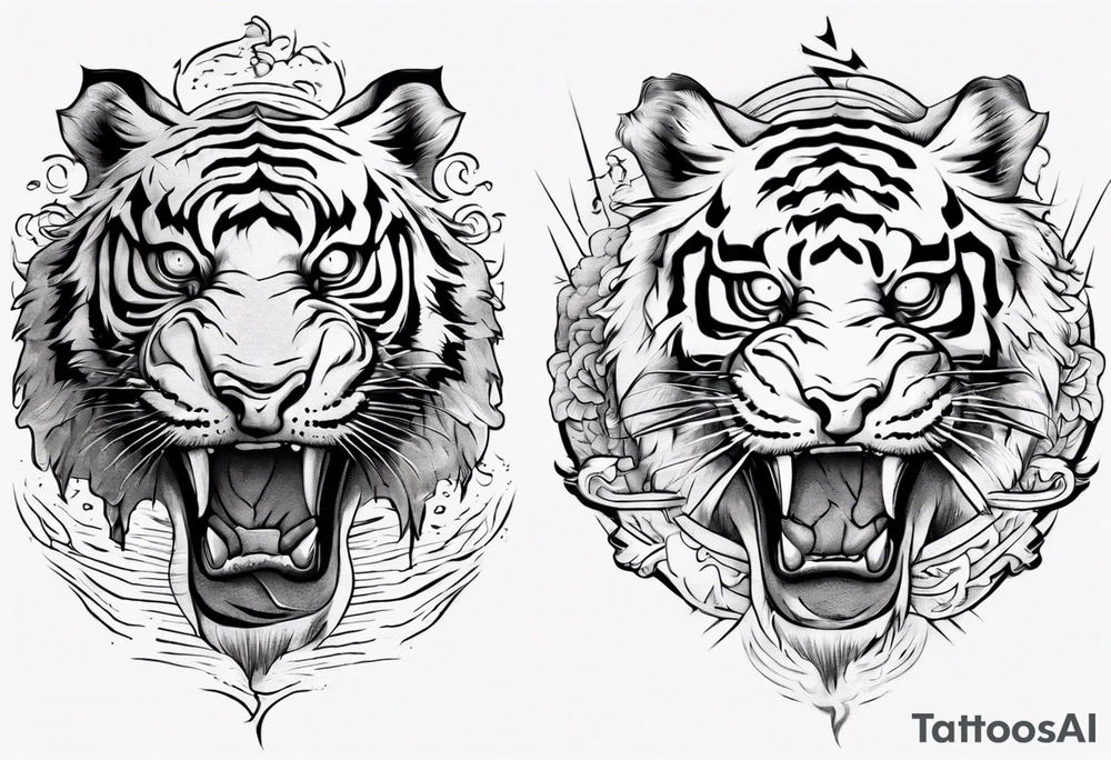 Ancient tiger with lightning and a sun for a forearm sleeve. With patterns surrounding it tattoo idea