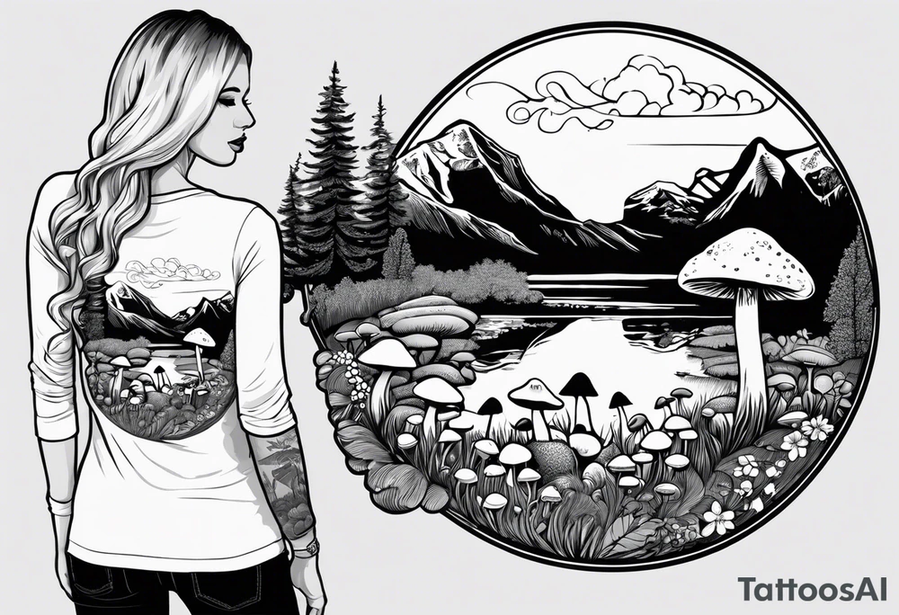 Whole picture encircled fully

Straight long blonde hair hippie girl in distance holding mushrooms in hand facing away toward mountains and creek surrounded by mushrooms long sleeve shirt and hiking pants; whole rendering within a full circle, no cut off circle tattoo idea