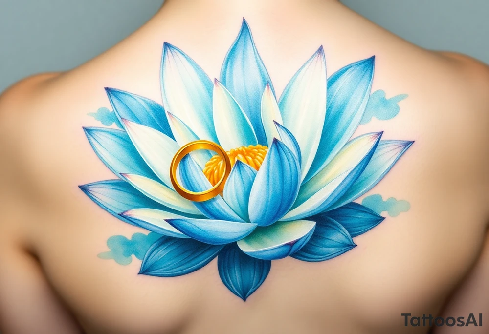 A water lily with a golden wedding ring resting gently on one of the petals, surrounded by soft blues and greens, symbolizing commitment and purity tattoo idea