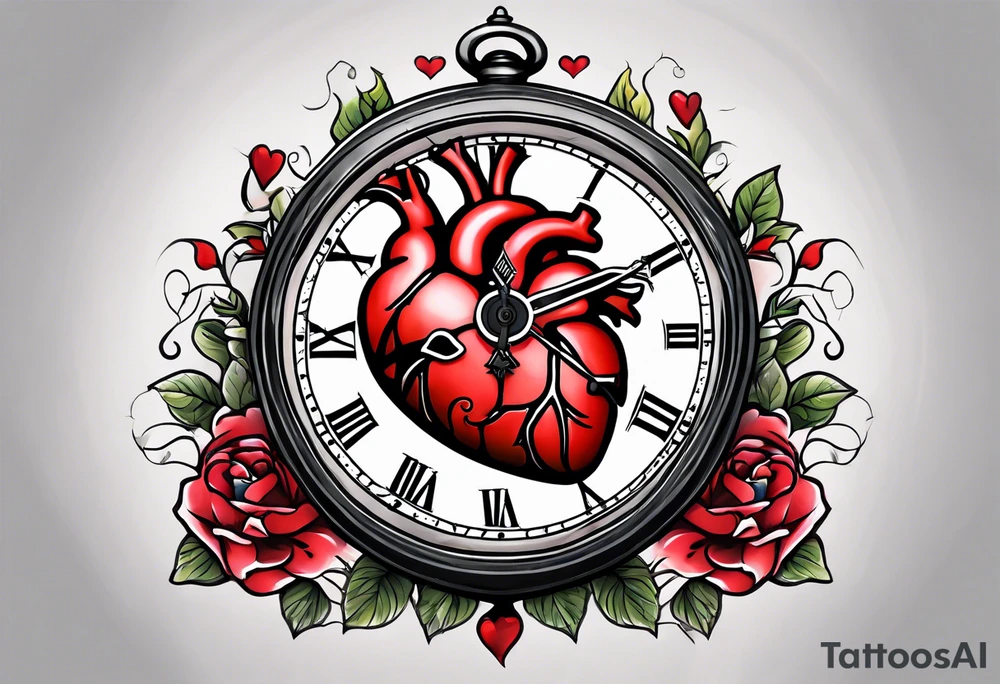 anatomical heart with clock in middle.
Clock hands on 8 and 5.
Never Say Never written on tattoo tattoo idea