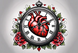 anatomical heart with clock in middle.
Clock hands on 8 and 5.
Never Say Never written on tattoo tattoo idea