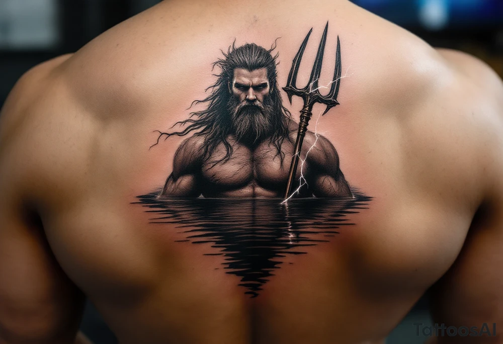 fit poseidon, behind a trident, with lightning, in calm water tattoo idea