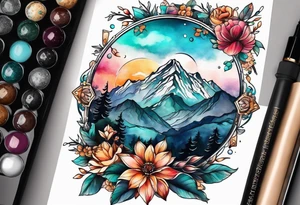 I want to 2 different tattoo design, but they will be in a matching style.
First tattoo will be mountains with a sunrise.
second tattoo will be sea with sunset. tattoo idea
